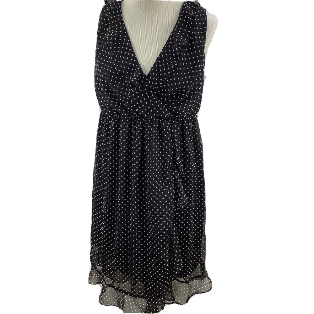 MOTHERHOOD Maternity Dress Women's L Black White Polka Dot Chiffon Ruffle V Neck